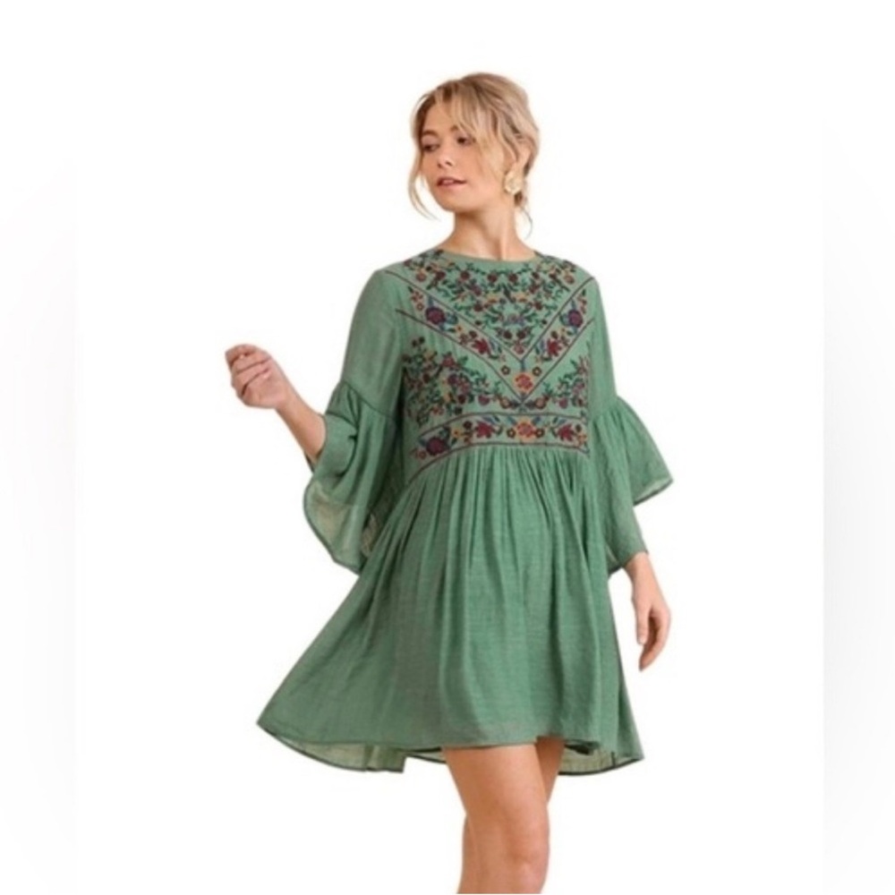 Embroidered Green Boho Mini Dress